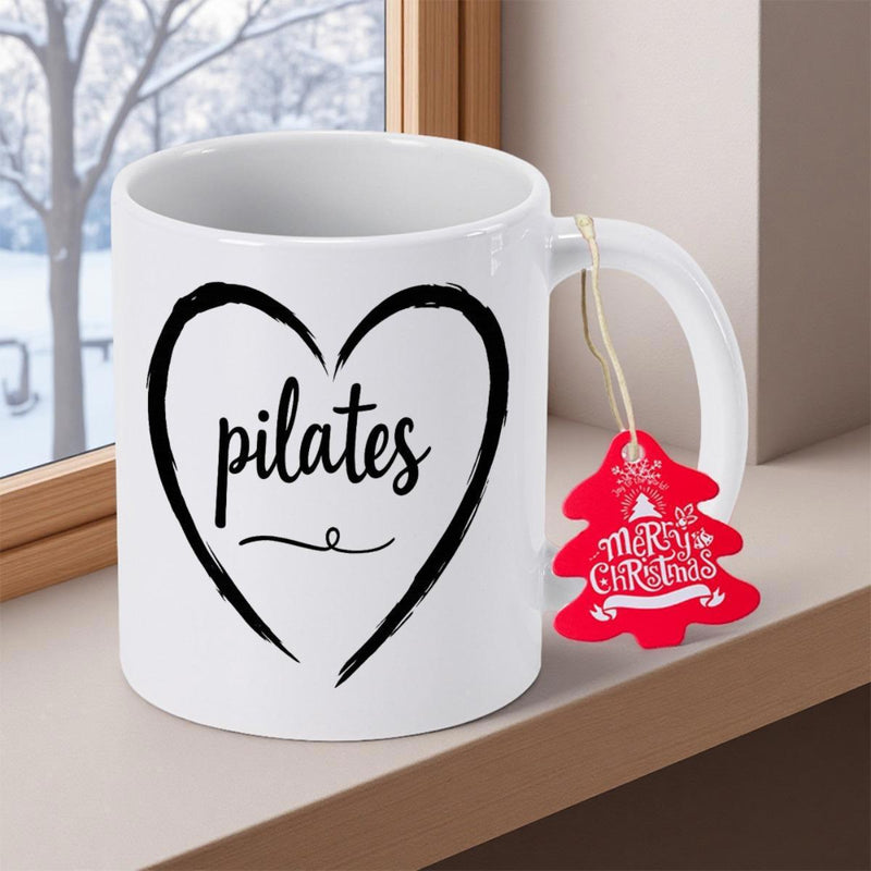 Tailorly White Ceramic 11 oz Mug - Pilates Minimalist Artistic Hand Drawn Brushstroke Style Fitness Decor Heart
