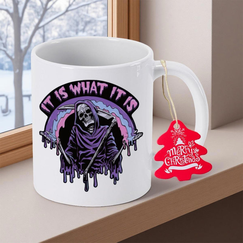 Tailorly White Ceramic 11 oz Mug - It Is What It Is Grim Reaper Wearing Hood Holding Scythe Within Melting Purple Circle Mug