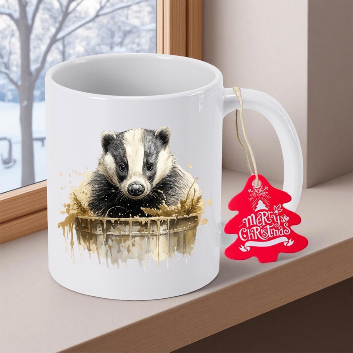Tailorly White Ceramic 11 oz Mug - Merry Christmas Adorable Realistic Badger Resting In Straw Inside A Rustic Wooden Basket Badger