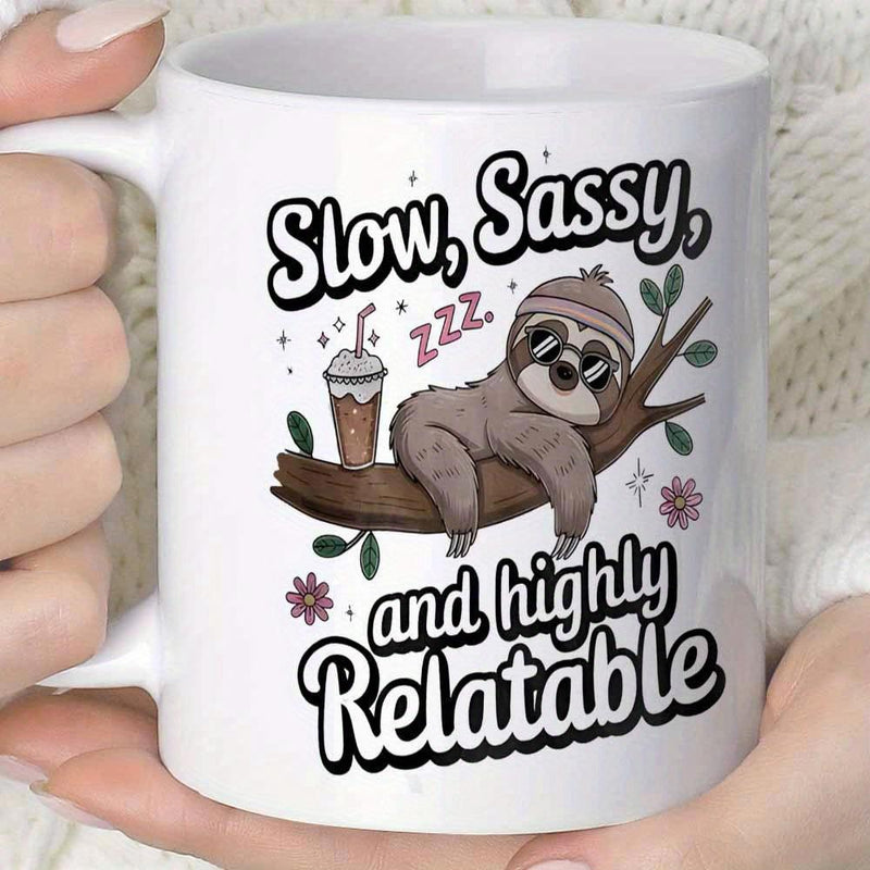 Tailorly White Ceramic 11 oz Mug - Slow Sassy Highly Relatable Charming Sloth Wearing Sunglasses Relaxing On A Branch With Cold Drink Sloth