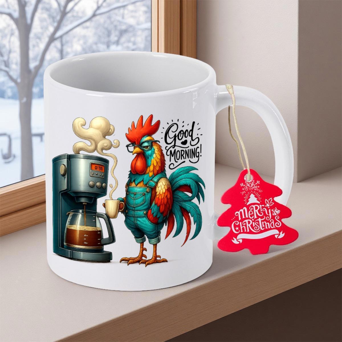 Tailorly White Ceramic 11 oz Mug - Good Morning Vibrant Colorful Bird Wearing Glasses Beside Steaming Vintage Coffee Machine Rooster