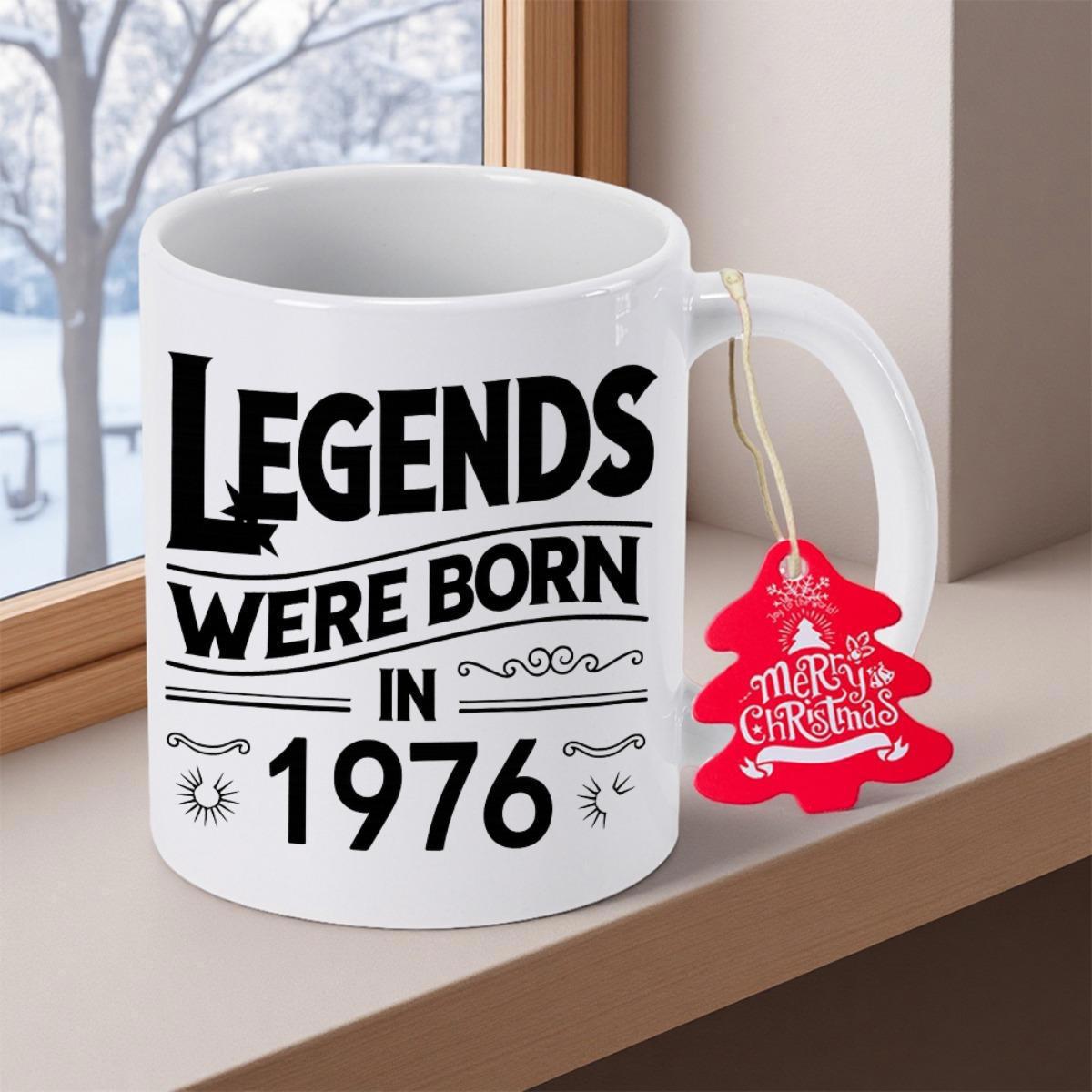 Tailorly White Ceramic 11 oz Mug - Legends Were Born In 1976 Bold Black Typography Featuring Artistic Lines And Decorative Ornate Flourishes Sign