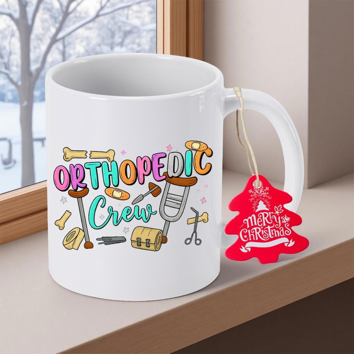 Tailorly White Ceramic 11 oz Mug - Orthopedic Crew Colorful Graphic Elements Featuring Medical Tools Among Festive Stars Crew