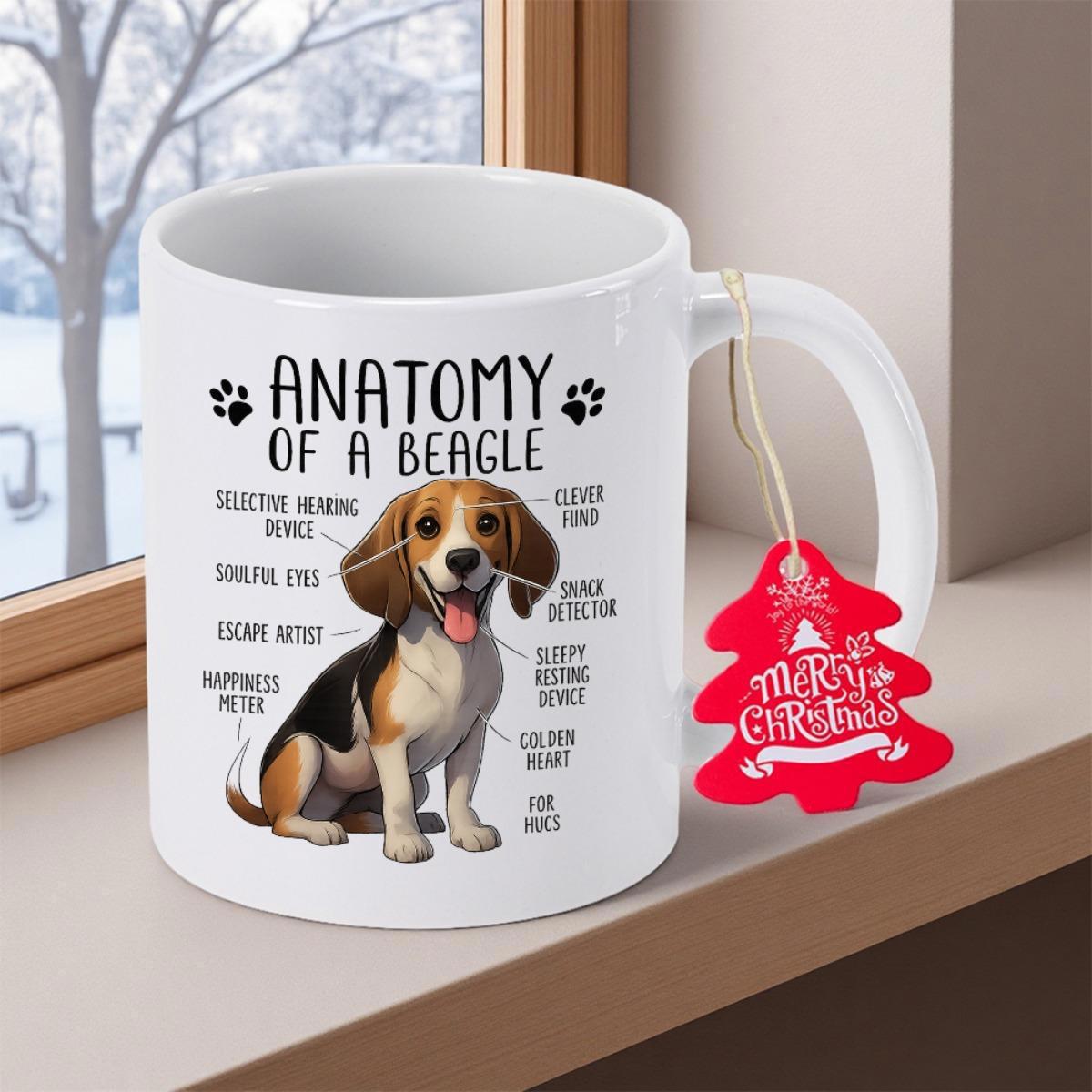 Tailorly White Ceramic 11 oz Mug - Anatomy Of A Beagle Detailed Illustration Of A Sitting Hound Surrounded By Playful Text Beagle