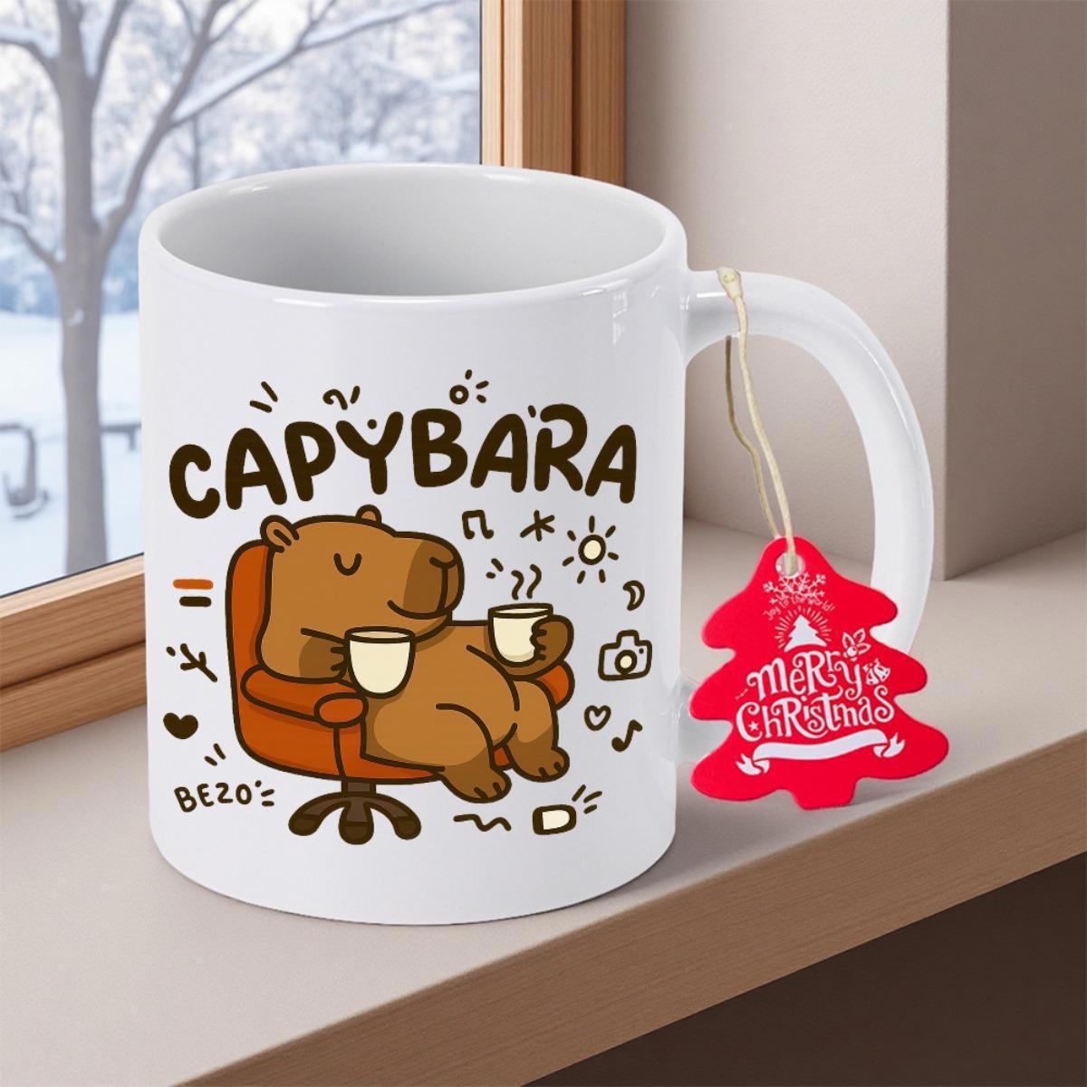 Tailorly White Ceramic 11 oz Mug - Capybara Bezo's Relaxing In A Cozy Orange Armchair With Two Warm Mugs Capybara