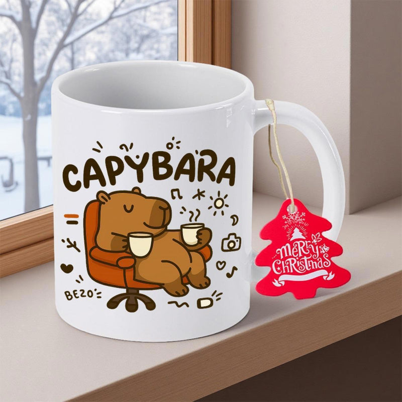 Tailorly White Ceramic 11 oz Mug - Capybara Bezo's Relaxing In A Cozy Orange Armchair With Two Warm Mugs Capybara