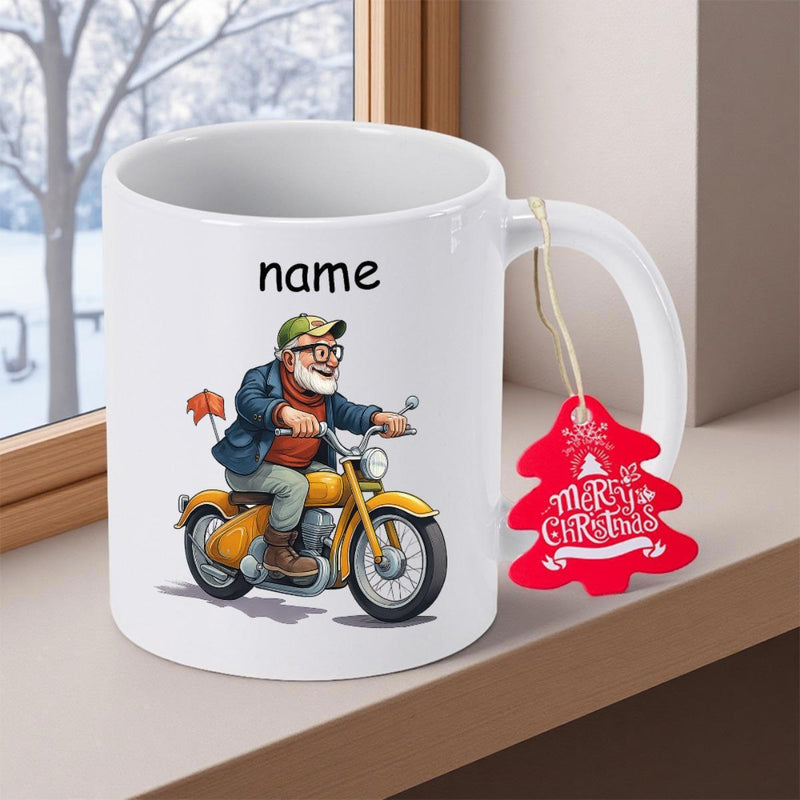 Tailorly White Ceramic 11 oz Mug - Cheerful Older Man Riding A Bright Yellow Vintage Style Classic Motorcycle