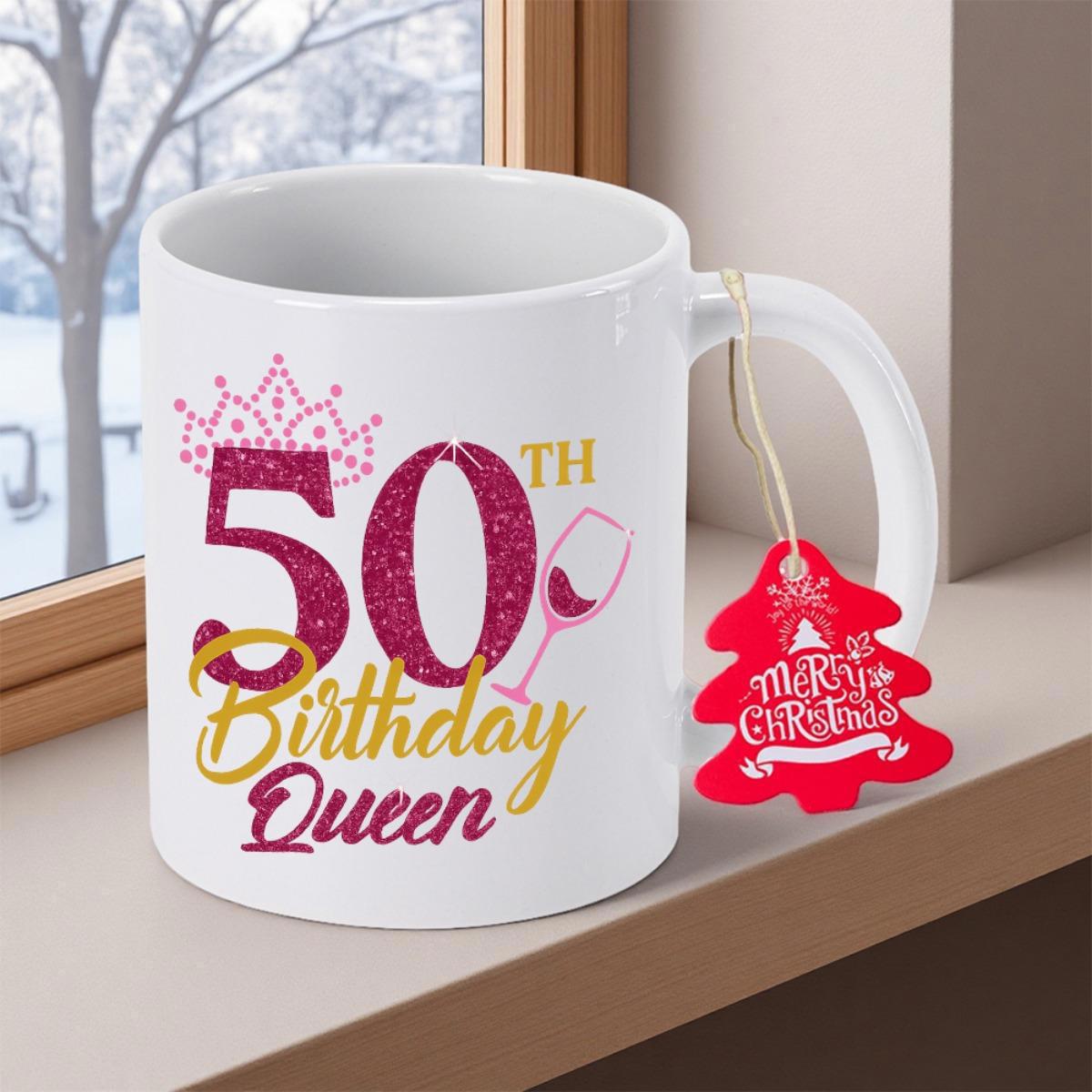 Tailorly White Ceramic 11 oz Mug - 50th Birthday Queen Merry Christmas Elegant Pink Tiara With Sparkling Wine Glass For Milestone Celebration Mug