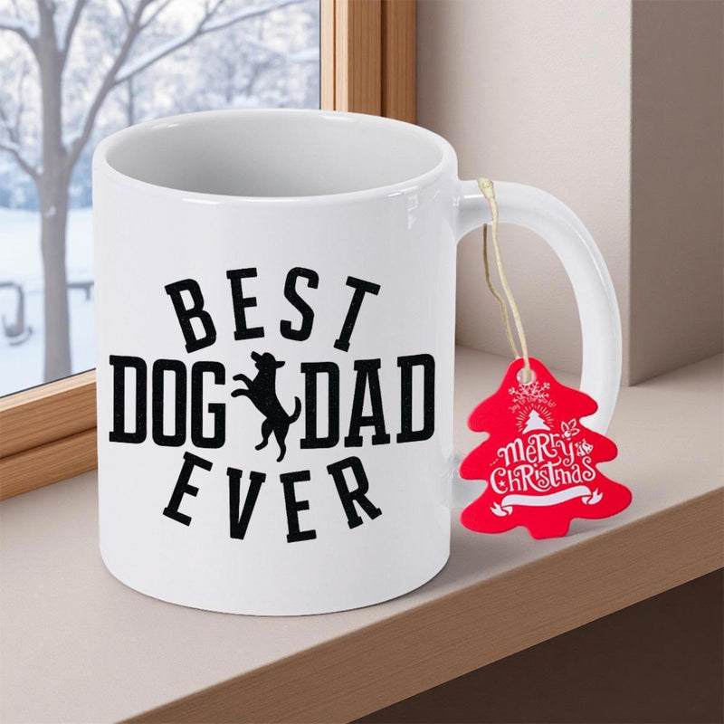 Tailorly White Ceramic 11 oz Mug - Best Dog Dad Ever Jumping Small Silhouette Among Bold Vintage Block Letters Dog