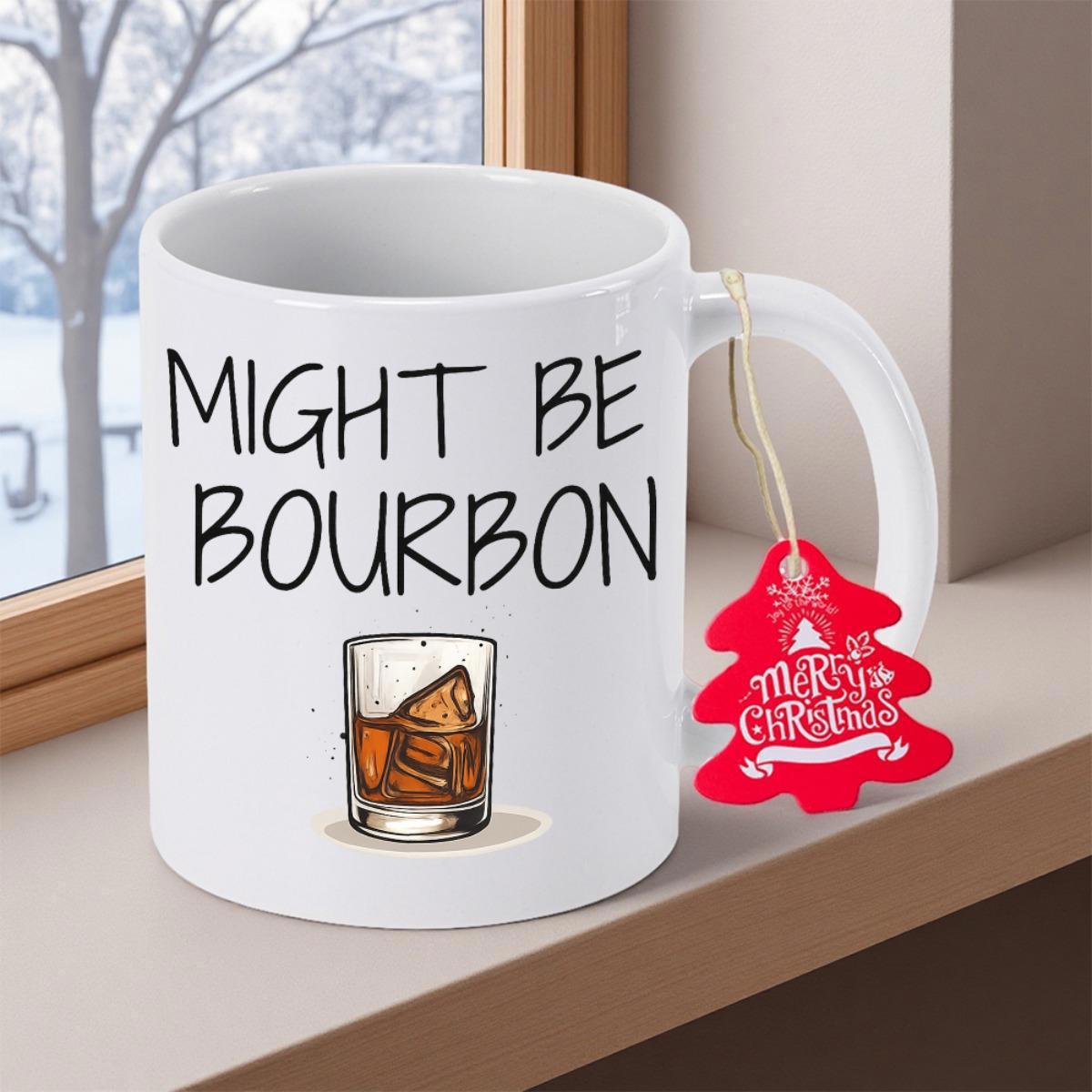 Tailorly White Ceramic 11 oz Mug - Might Be Bourbon Minimalist Hand Drawn Small Glass Filled With Amber Golden Liquid Glass