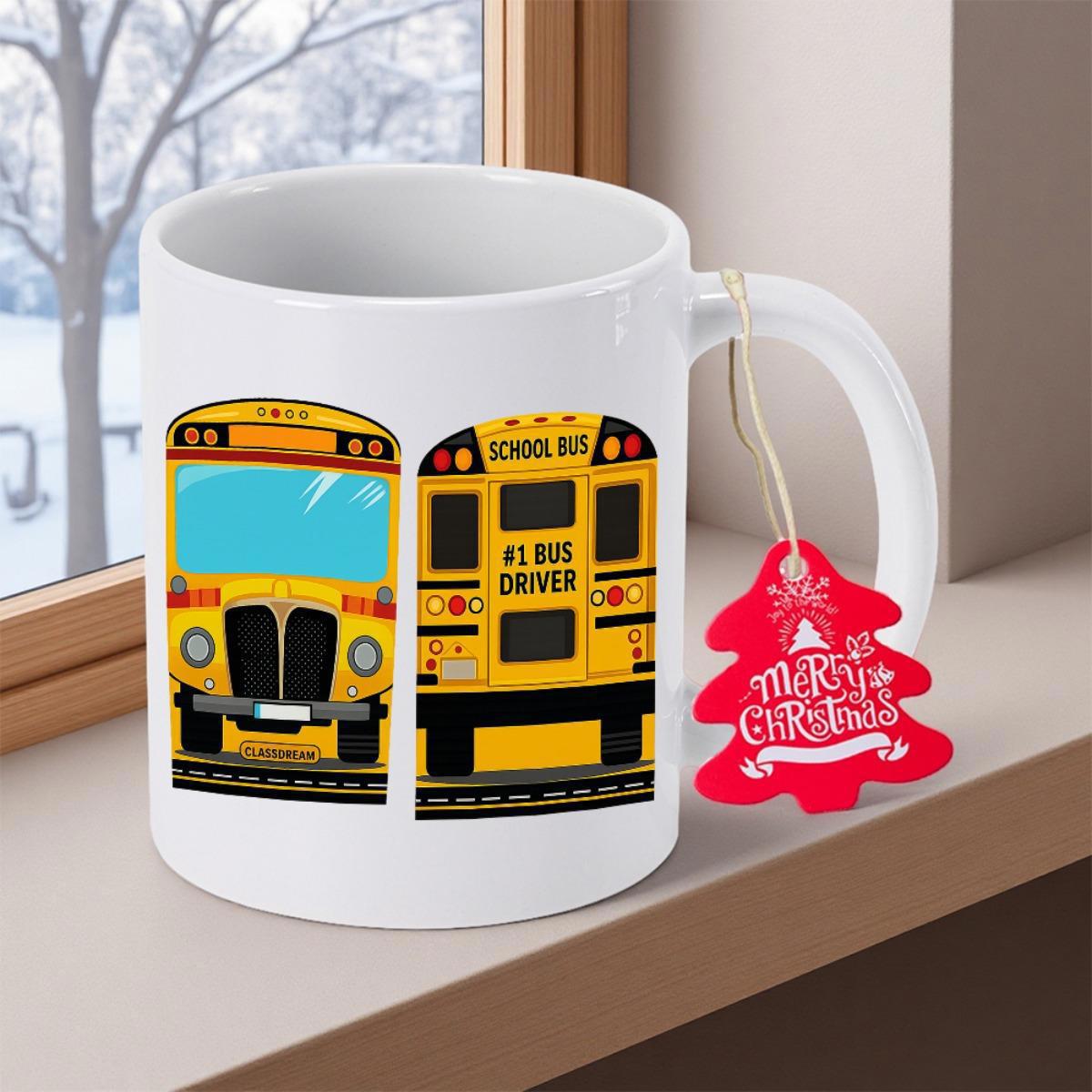 Tailorly White Ceramic 11 oz Mug - School Bus #1 Bus Driver Merry Christmas Bright Yellow Transport Vehicle With Front And Back Views School Bus