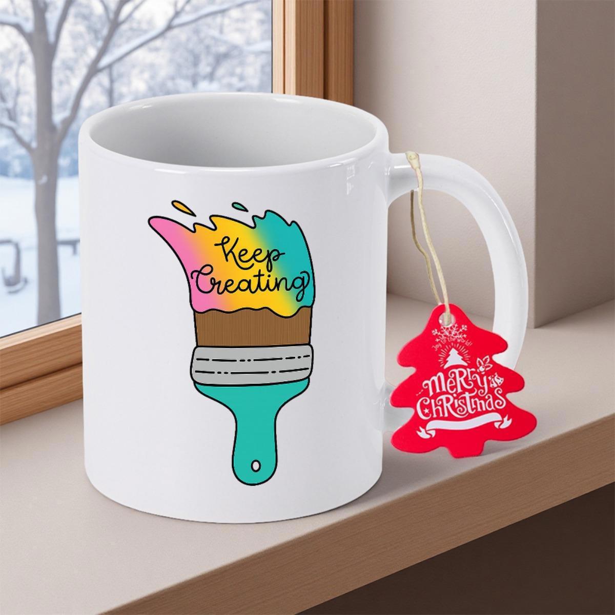 Tailorly White Ceramic 11 oz Mug - Keep Creating Merry Christmas Artistic Paintbrush With Vibrant Colors On Minimalist Surface Brush
