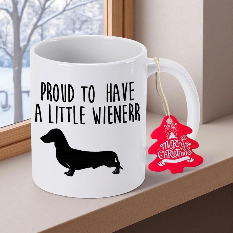 Tailorly White Ceramic 11 oz Mug - Proud To Have A Little Wienerr Minimalist Black Silhouette Standing Still In Profile View Dachshund