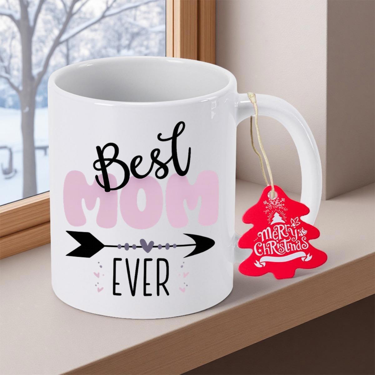 Tailorly White Ceramic 11 oz Mug - Best Mom Ever Elegant Script And Bubble Typography Combined With Heart Styled Decorative Arrow