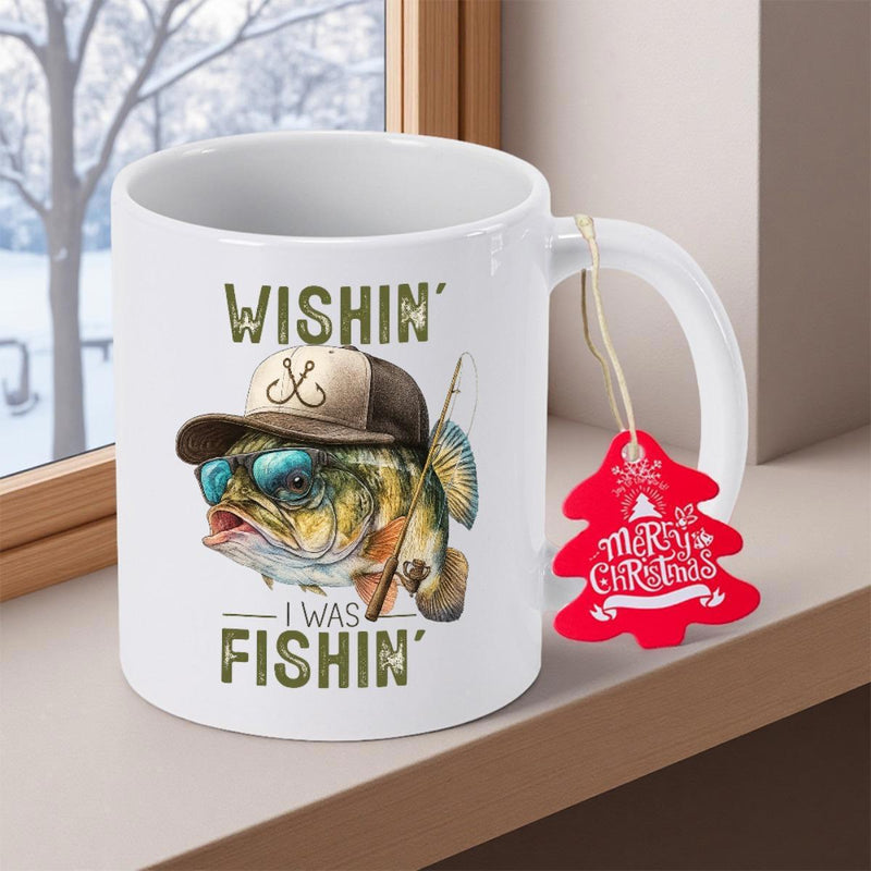 Tailorly White Ceramic 11 oz Mug - Wishin I Was Fishin Humorous Cartoon Wearing Sunglasses And A Cap Fishing Bass