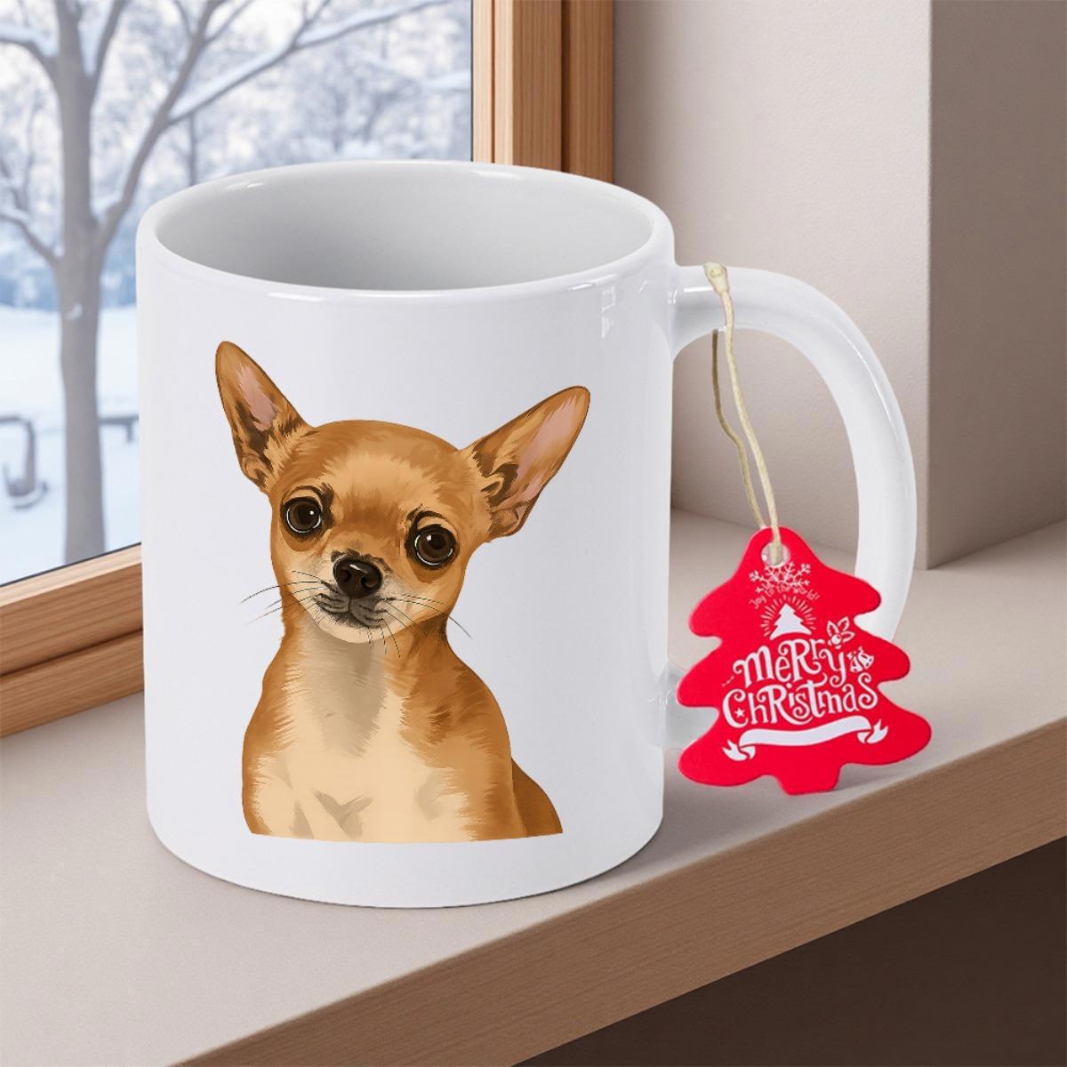 Tailorly White Ceramic 11 oz Mug - Merry Christmas Adorable Brown Short Haired Puppy With Big Dark Eyes And Pointed Ears Chihuahua