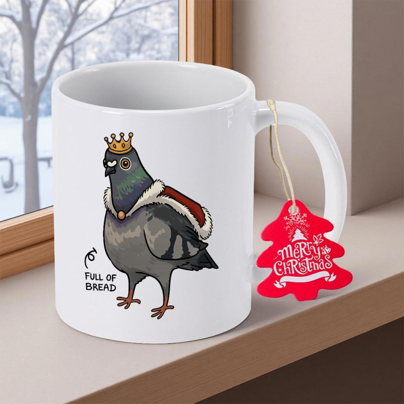 Tailorly White Ceramic 11 oz Mug - Merry Christmas Full Of Bread Regal Cartoon Character Wearing Crown And Cape Pigeon