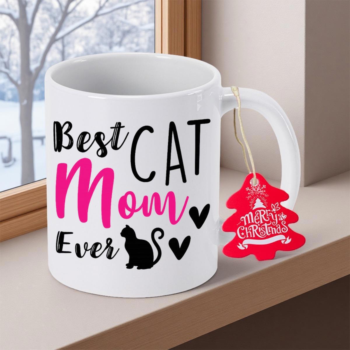Tailorly White Ceramic 11 oz Mug - Best Cat Mom Ever Merry Christmas Silhouette Of Sitting Feline Among Decorative Hearts And Playful Handwritten Typography Cat