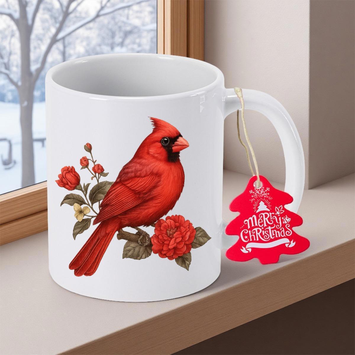 Tailorly White Ceramic 11 oz Mug - Merry Christmas Vibrant Red Bird Perched Among Blooming Winter Roses On A Snowy Branch Cardinal