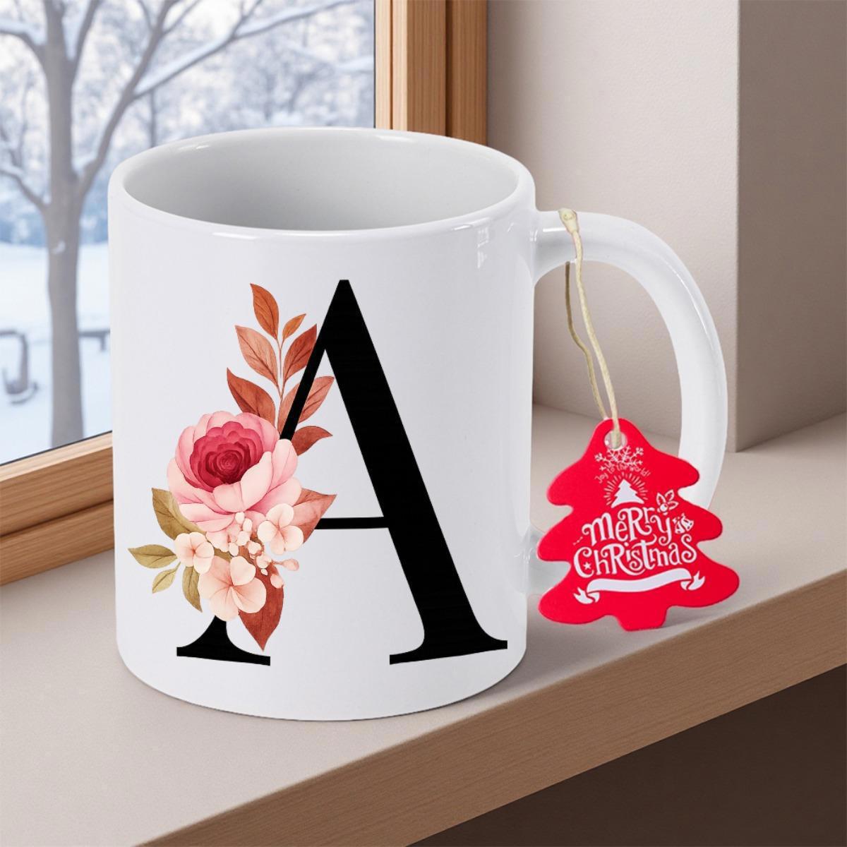 Tailorly White Ceramic 11 oz Mug - Merry Christmas A Blooming Pink Rose And Autumn Leaves Decorating Large Serif Letter