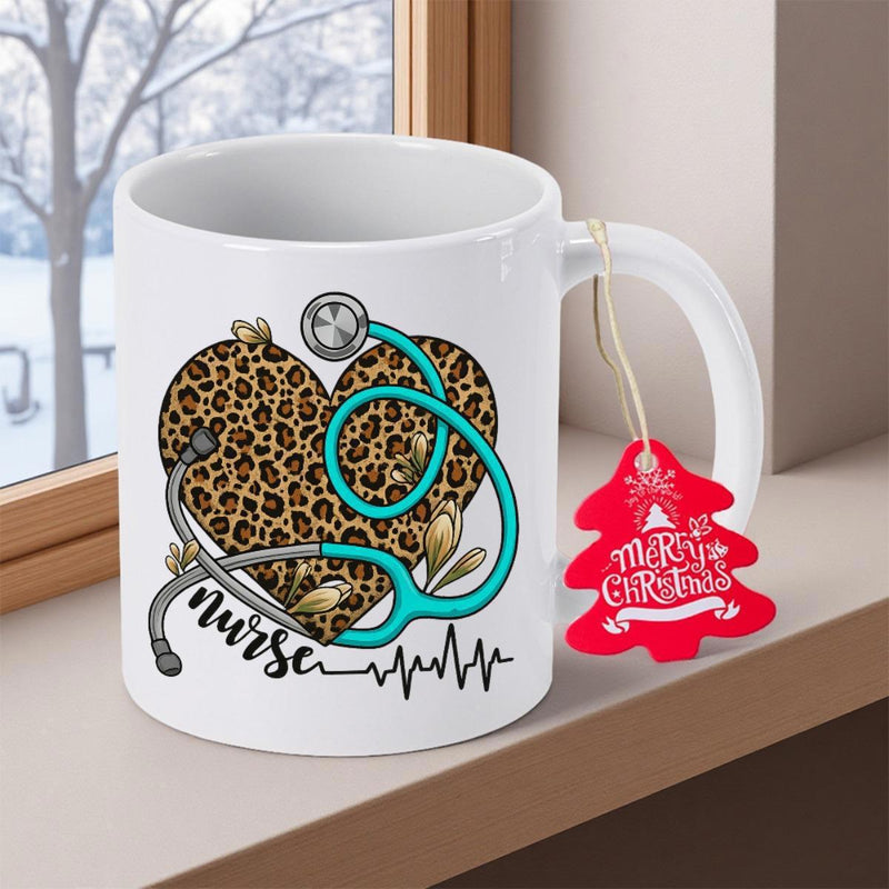 Tailorly White Ceramic 11 oz Mug - Nurse Leopard Print Heart Wrapped In A Teal Stethoscope With Life Line Heart
