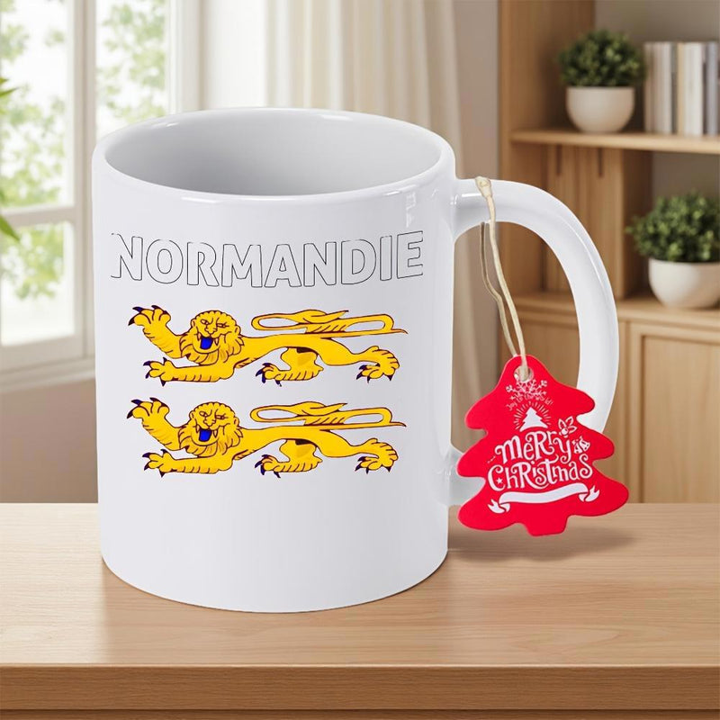 Tailorly White Ceramic 11 oz Mug - Normandie Two Golden Heraldic Lions Walking On A Clean White Background Lion