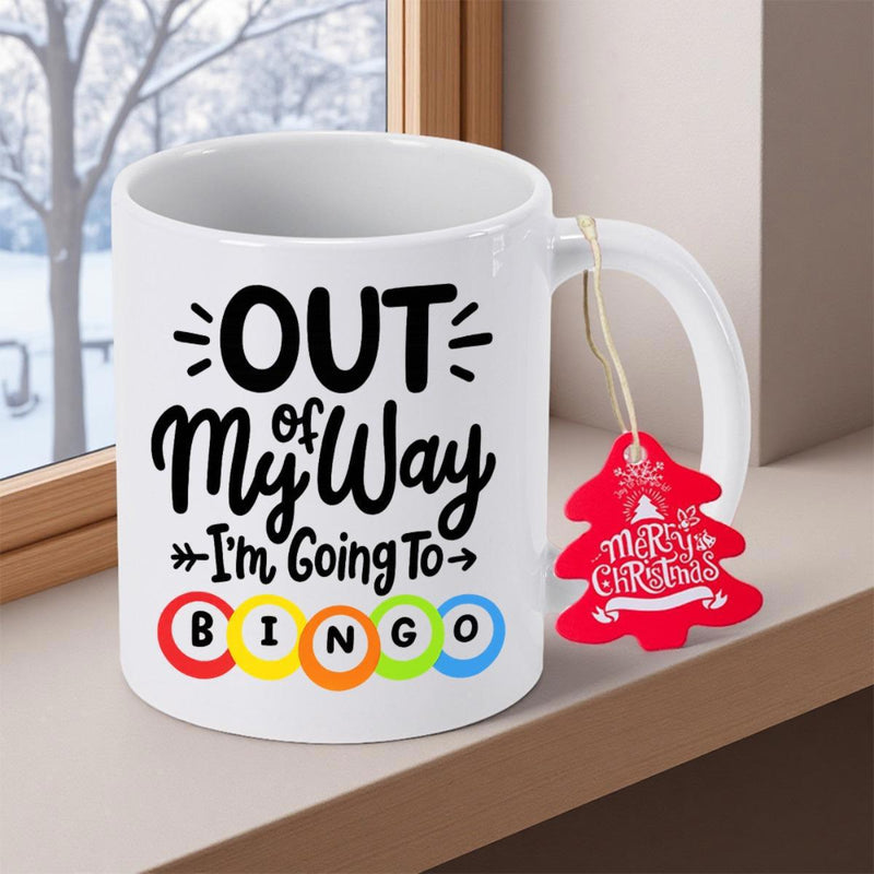 Tailorly White Ceramic 11 oz Mug - Out Of My Way Im Going To Bingo Typographic Design Featuring Five Colorful Game Circles And Playful Arrows Mug