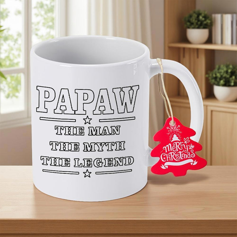 Tailorly White Ceramic 11 oz Mug - Papaw The Man The Myth The Legend Merry Christmas Simple White Ceramic Texture Bold Black Lettering Festive Holiday Tag Mug