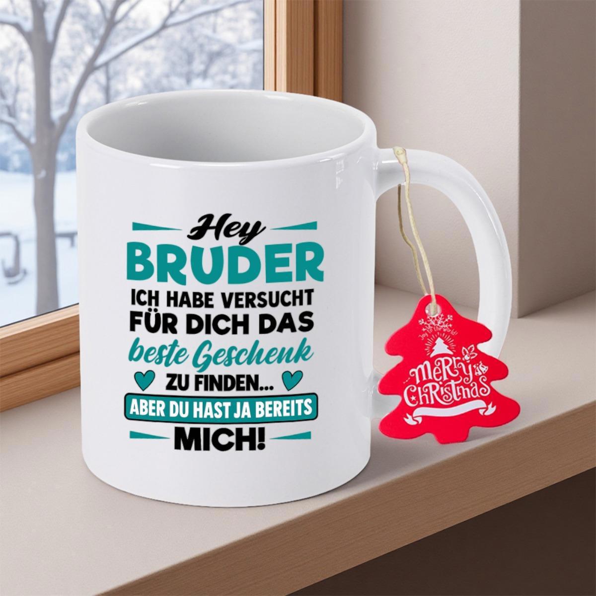 Tailorly White Ceramic 11 oz Mug - Merry Christmas Classic White Ceramic Cup Featuring Festive Red Tree Shaped Holiday Tag Mug
