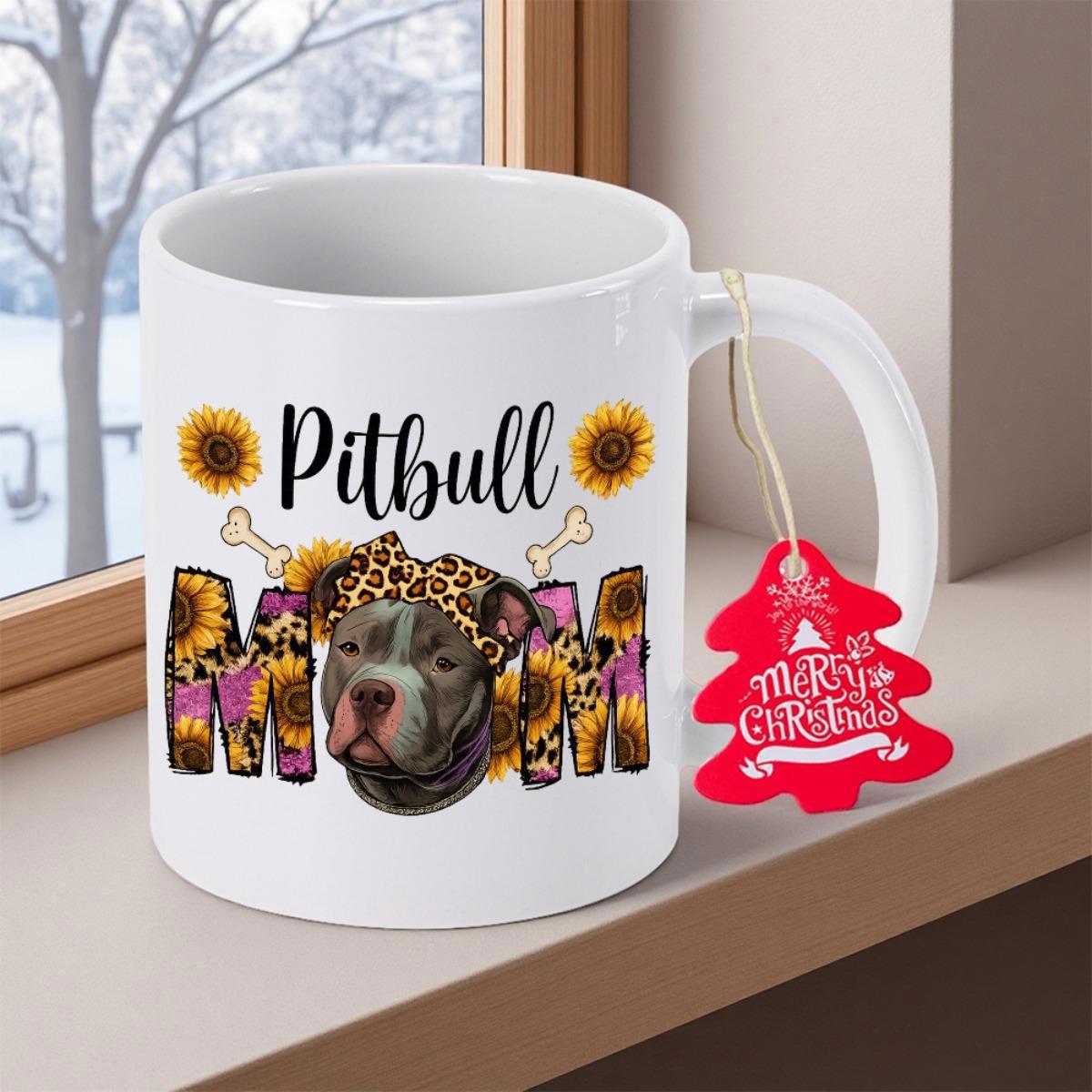 Tailorly White Ceramic 11 oz Mug - Pitbull Mom Merry Christmas Stylish Dog Wearing Leopard Headband Among Golden Blooming Sunflowers Pitbull