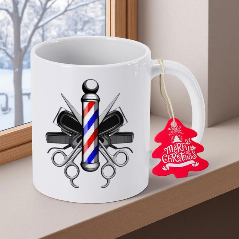 Tailorly White Ceramic 11 oz Mug - Merry Christmas Classic Striped Sign Surrounded By Vintage Scissors And Professional Steel Clippers Barber Pole