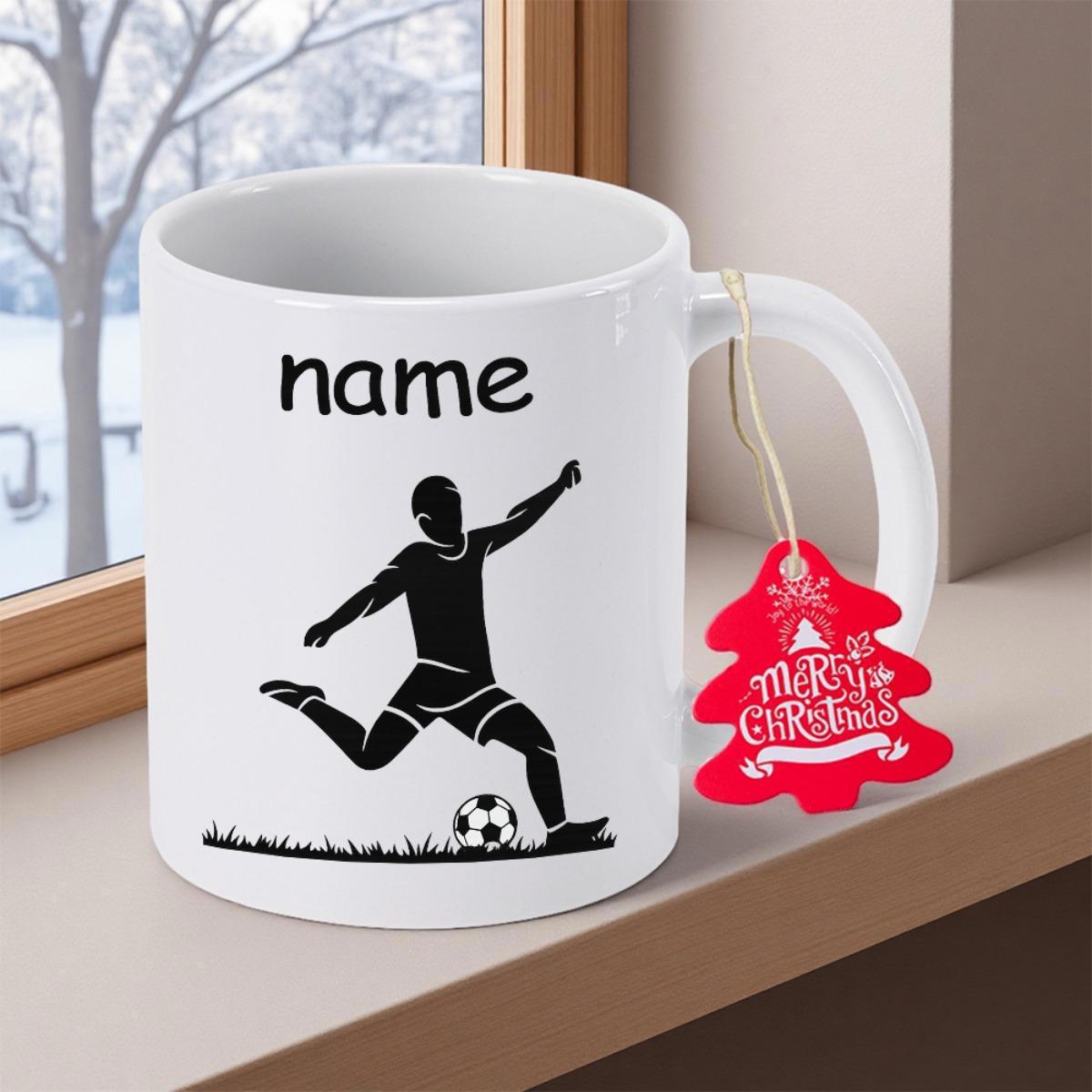 Tailorly White Ceramic 11 oz Mug - Name Athletic Silhouette Kicking Soccer Ball Over Grass Under Bright Indoor Sunlight Player