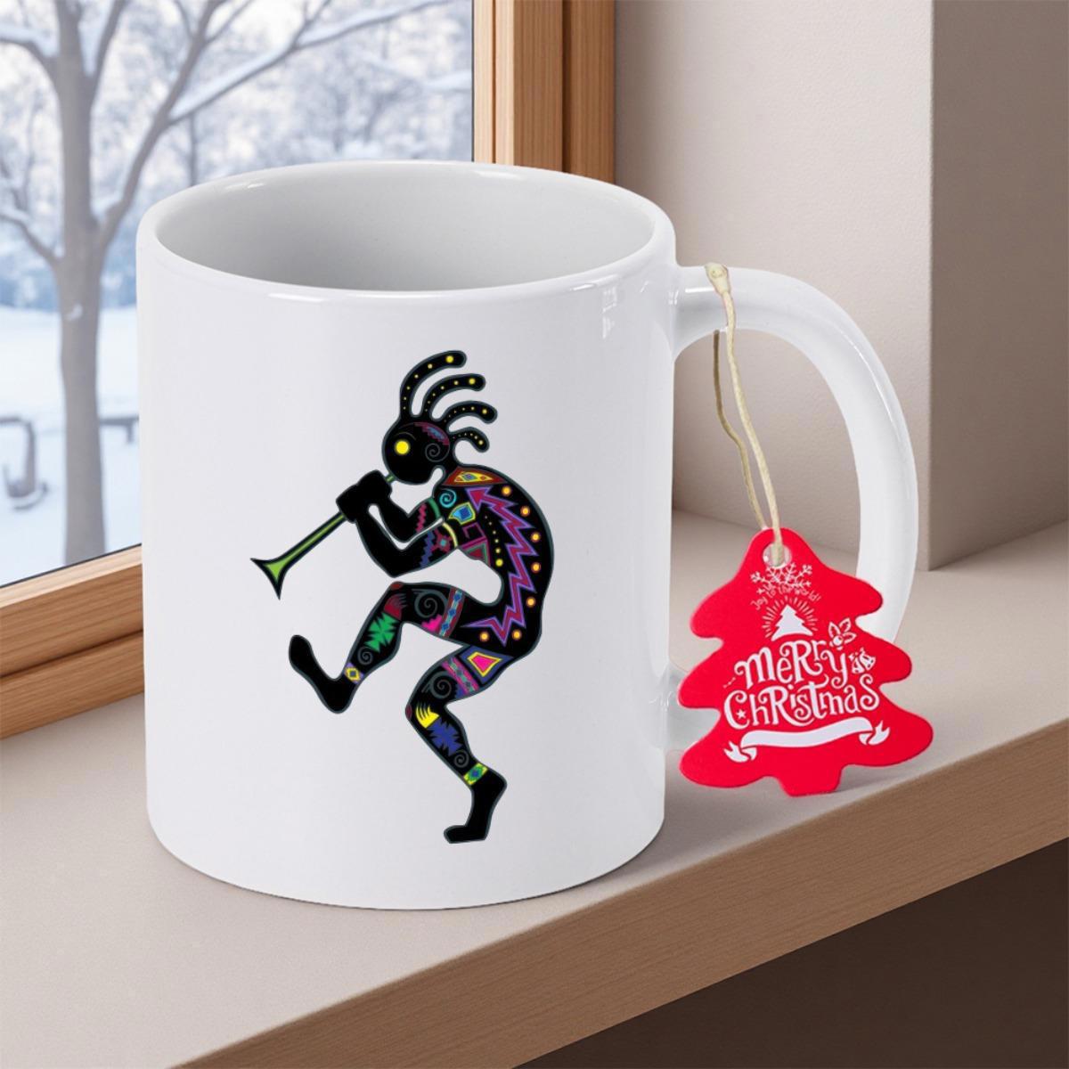Tailorly White Ceramic 11 oz Mug - Traditional Tribal Figure With Colorful Patterns Playing Flute Standing In Silhouette Kokopelli
