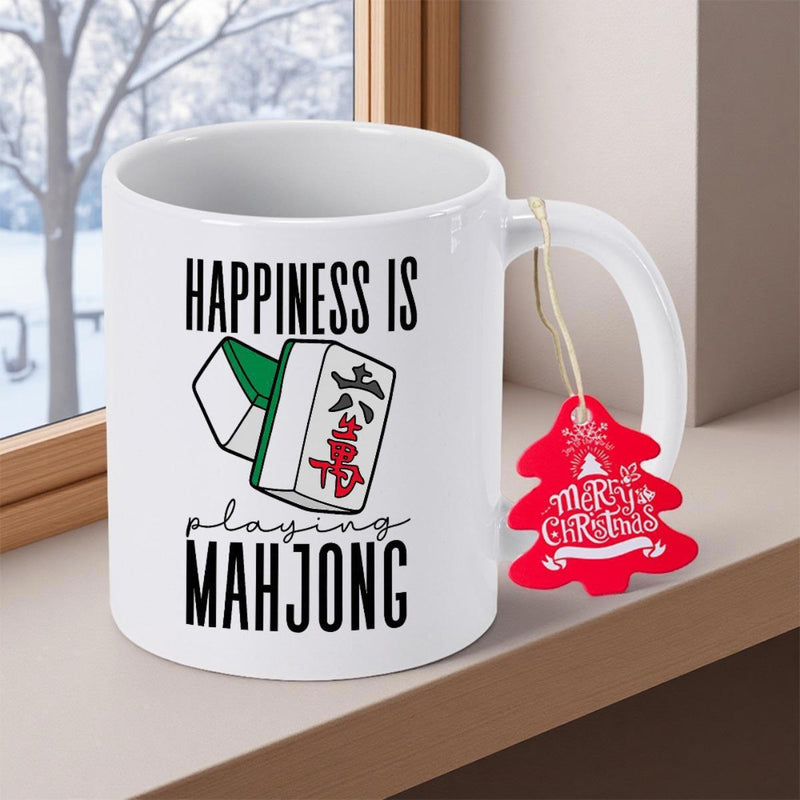 Tailorly White Ceramic 11 oz Mug - Happiness Is Playing Mahjong Traditional Chinese Game Pieces With Intricate Red Characters And Green Backs Tile