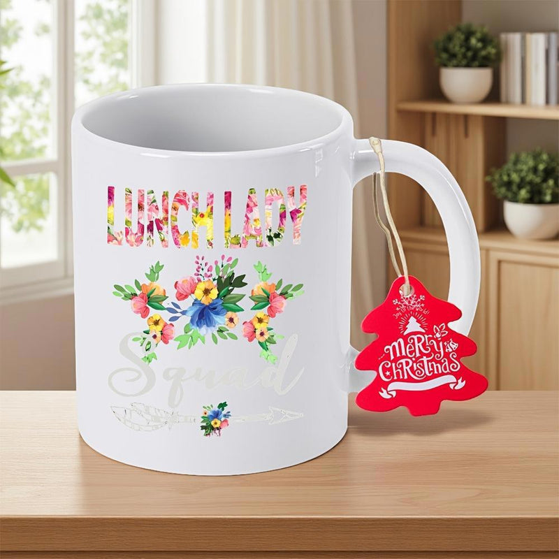 Tailorly White Ceramic 11 oz Mug - Lunch Lady Squad Merry Christmas Colorful Floral Arrangement Surrounded By Artistic Botanical Motifs And Elegant Script Mug