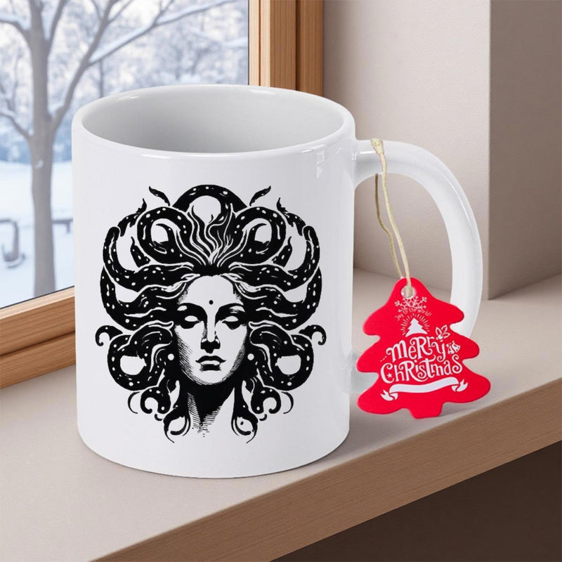 Tailorly White Ceramic 11 oz Mug - Intricate Black Ink Style Portrait With Swirling Serpentine Hair And Intense Gaze Medusa