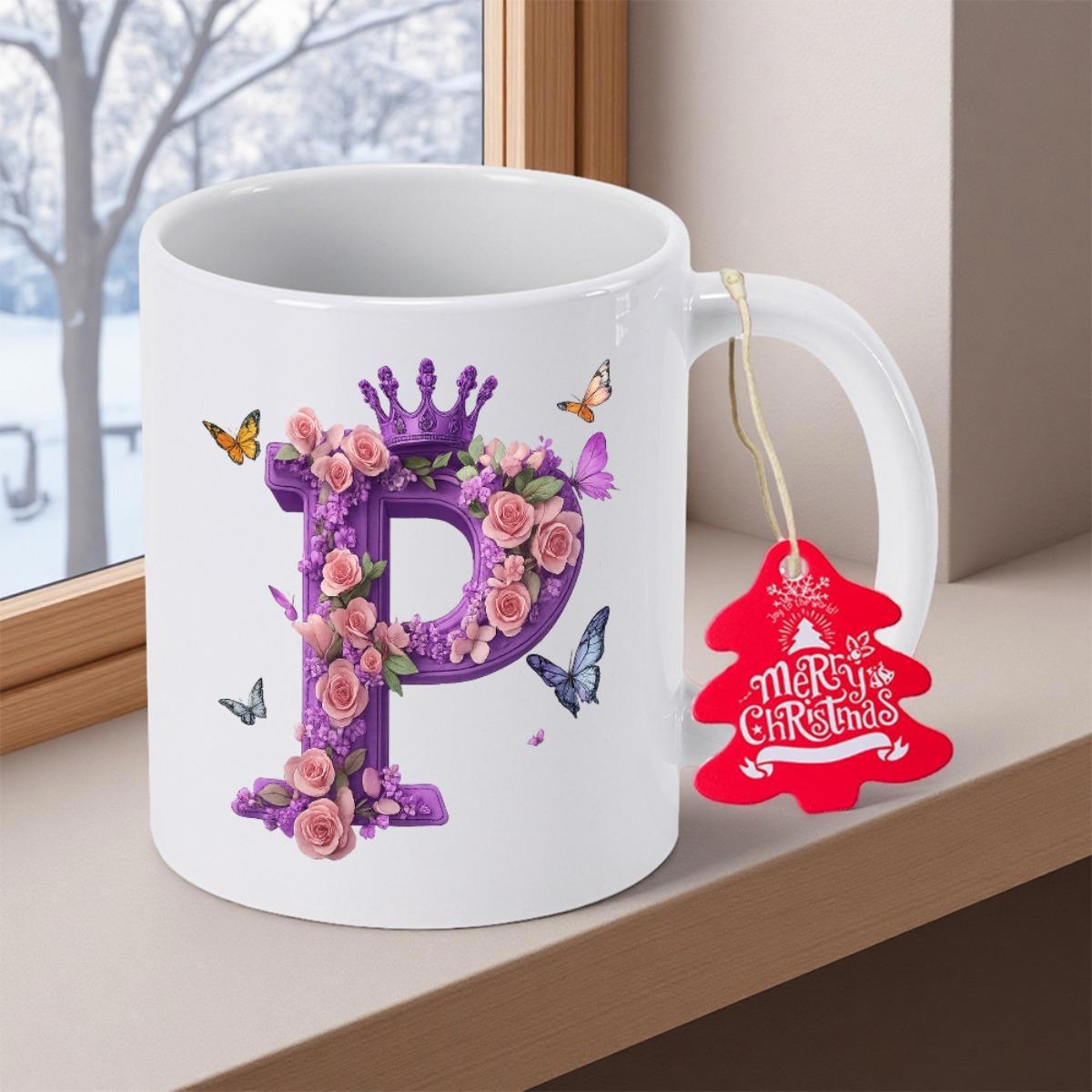 Tailorly White Ceramic 11 oz Mug - Merry Christmas Elegant Purple Monogram Adorned With Crown Pink Roses And Delicate Butterflies Letter