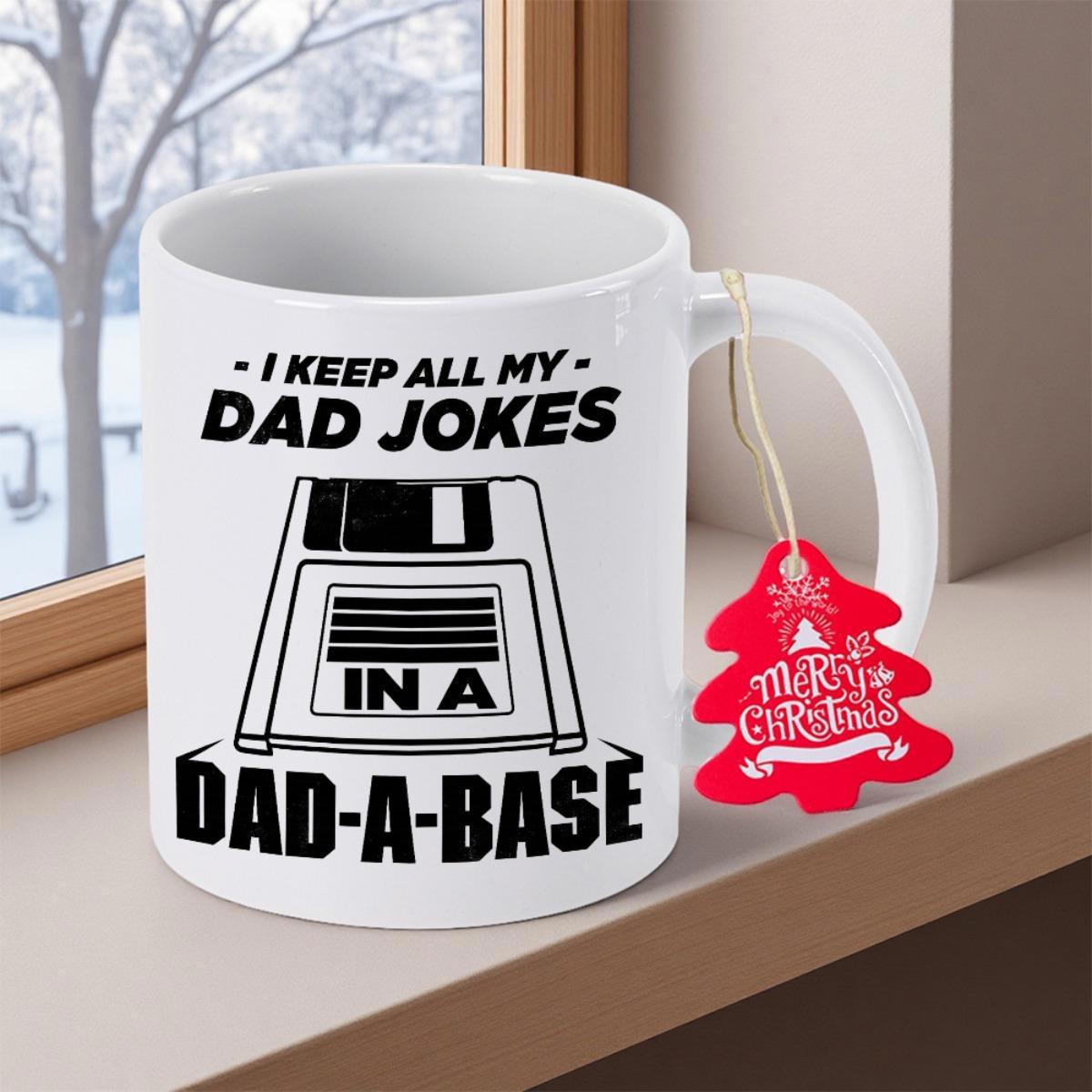 Tailorly White Ceramic 11 oz Mug - I Keep All My Dad Jokes In A Dad A Base Simple Black Line Art Illustration Of A Retro Floppy Disk