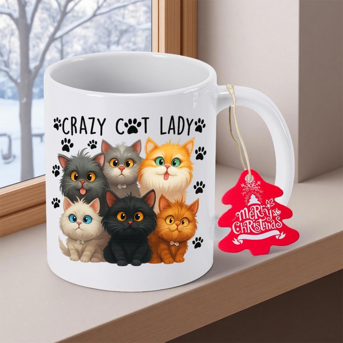 Tailorly White Ceramic 11 oz Mug - Crazy Cat Lady Adorable Group Of Cartoon Kitties Huddled Together Surrounded By Paw Prints Cat