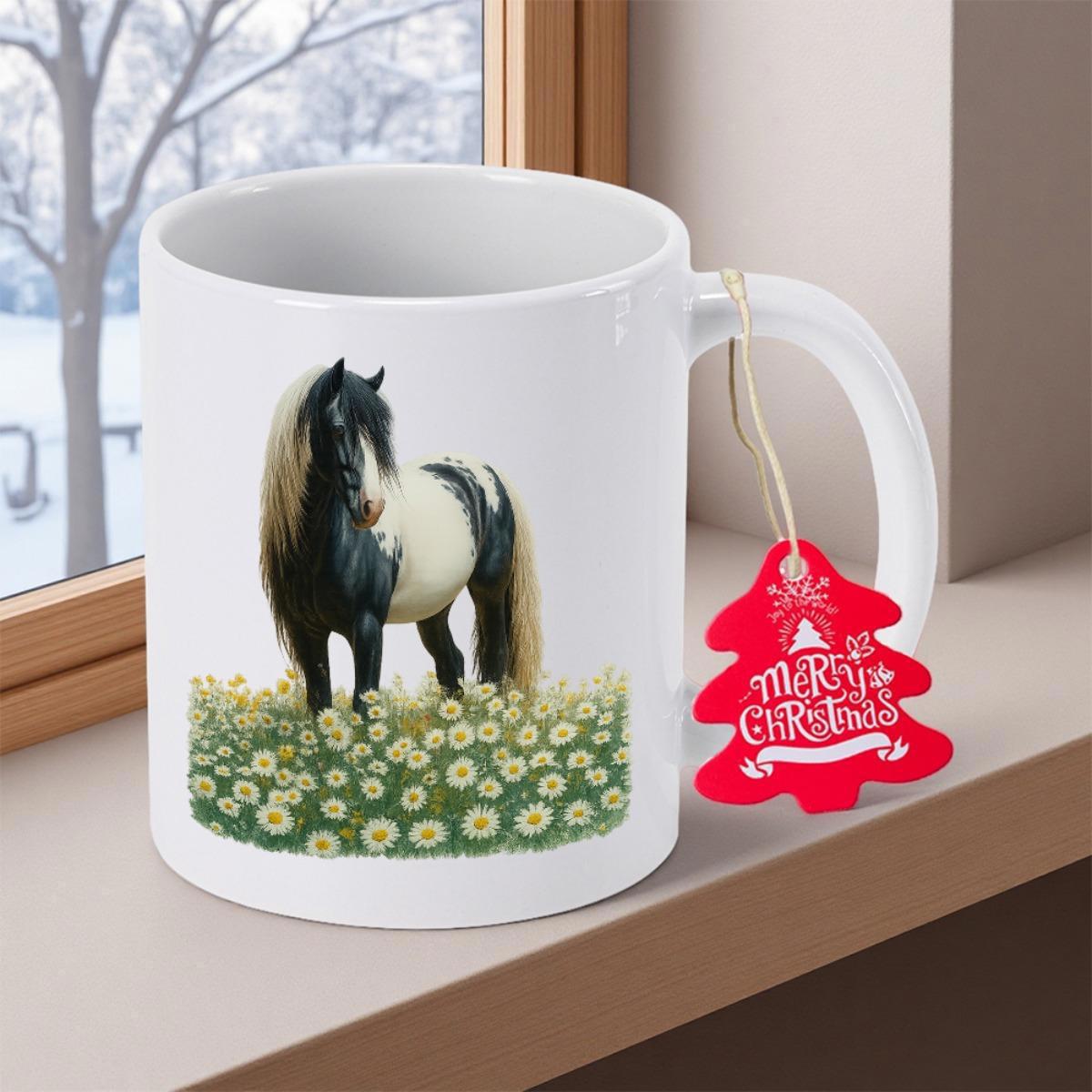 Tailorly White Ceramic 11 oz Mug - Merry Christmas Majestic Piebald Pony Standing In Peaceful Field Of Blooming Wildflower Horse