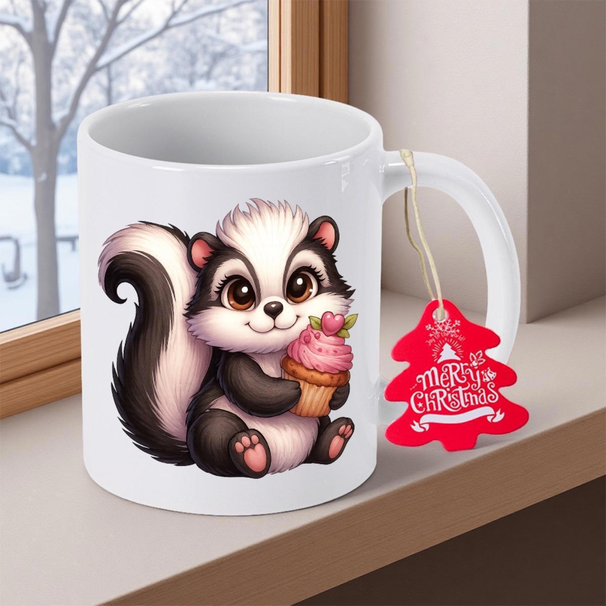 Tailorly White Ceramic 11 oz Mug - Merry Christmas Adorable Little Skunk Holding A Sweet Pink Cupcake Dessert Skunk