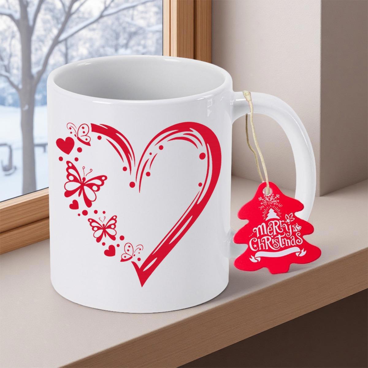 Tailorly White Ceramic 11 oz Mug - Merry Christmas Artistic Brush Strokes Forming A Red Symbol With Butterflies Heart