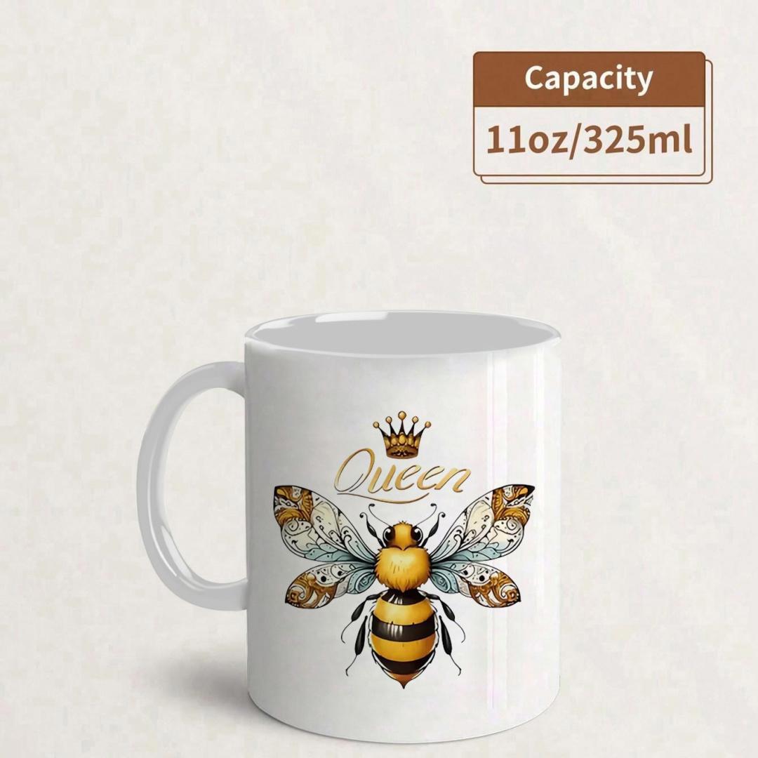 Tailorly White Ceramic 11 oz Mug - Queen Vintage Ornate Wings With Golden Crown And Elegant Detailed Honey Bee