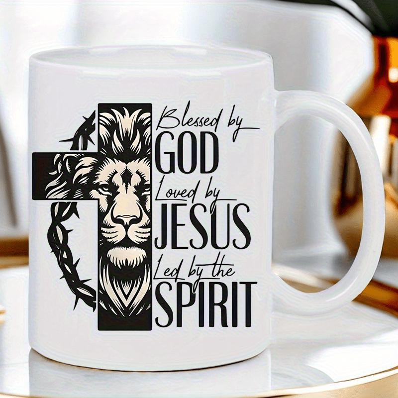 Tailorly White Ceramic 11 oz Mug - Blessed By God Loved By Jesus Led By The Spirit Intricate Christian Cross Featuring Half Face Of A Proud Symbolic Lion