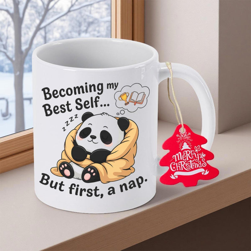 Tailorly White Ceramic 11 oz Mug - Becoming My Best Self But First A Nap Adorable Cartoon Character Wrapped In A Warm Cozy Yellow Blanket Panda