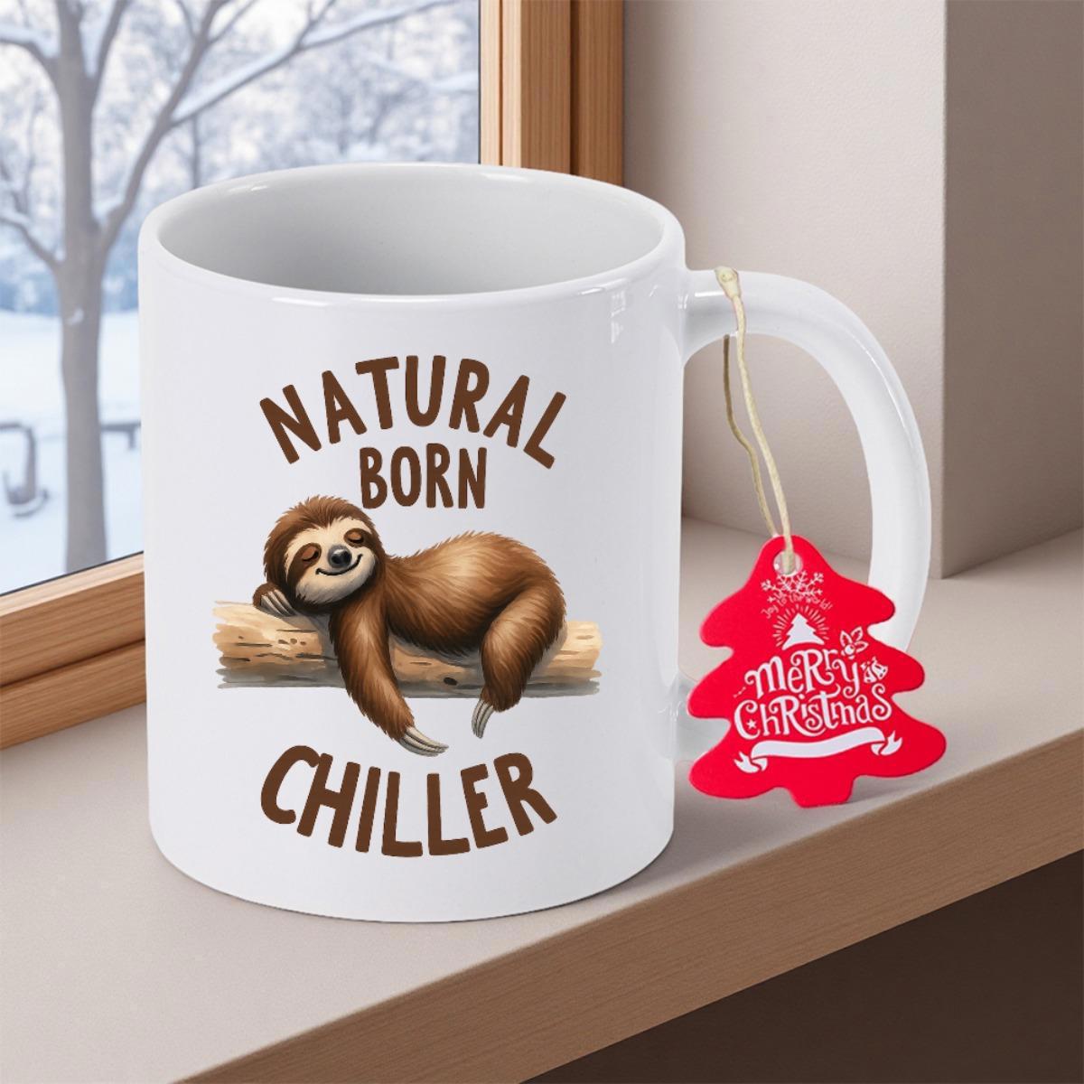 Tailorly White Ceramic 11 oz Mug - Natural Born Chiller Relaxed Animal Resting Lazily On A Small Wooden Branch Sloth