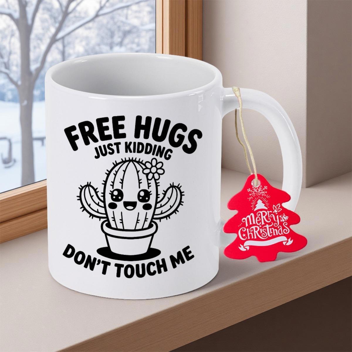 Tailorly White Ceramic 11 oz Mug - Free Hugs Just Kidding Don't Touch Me Adorable Potted Plant With A Smiling Face And Tiny Flower Cactus