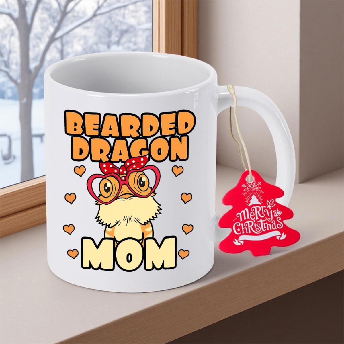 Tailorly White Ceramic 11 oz Mug - Bearded Dragon Mom Cute Stylized Cartoon Creature Wearing Red Bow And Glasses Lizard