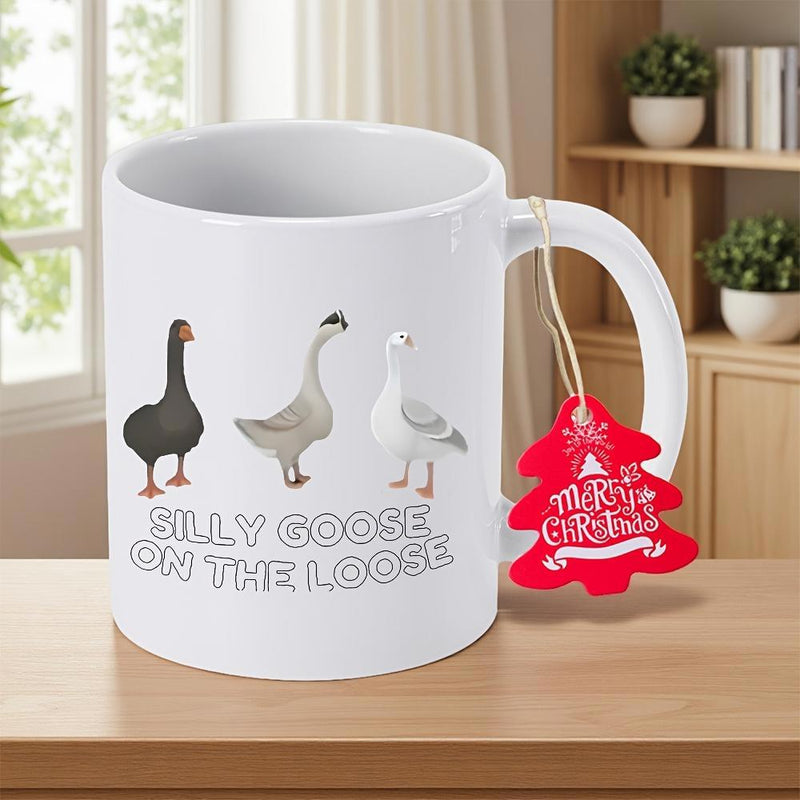 Tailorly White Ceramic 11 oz Mug - Silly Goose On The Loose Merry Christmas Three Diverse Playful Hand Drawn Style Cartoon Geese Standing Together Goose