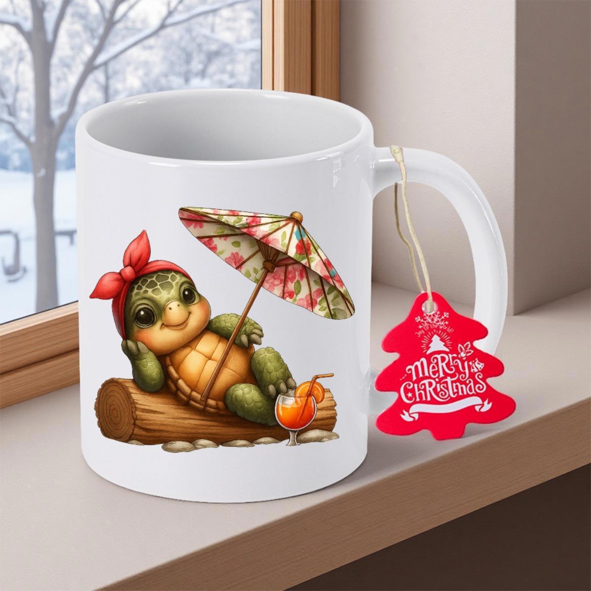 Tailorly White Ceramic 11 oz Mug - Merry Christmas Cheerful Tiny Reptile Wearing Red Bow Resting On Log Under Umbrella Turtle